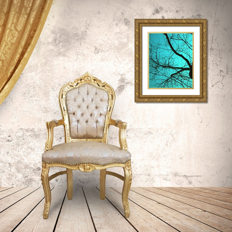 Branches on Teal I Gold Ornate Wood Framed Art Print with Double Matting by Peck, Gail