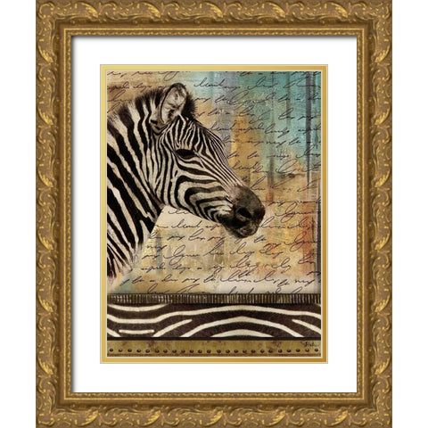 Madagascar Safari with Blue II (Zebra) Gold Ornate Wood Framed Art Print with Double Matting by Pinto, Patricia