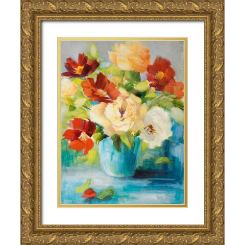 Flowers in Teal Vase I Gold Ornate Wood Framed Art Print with Double Matting by Loreth, Lanie