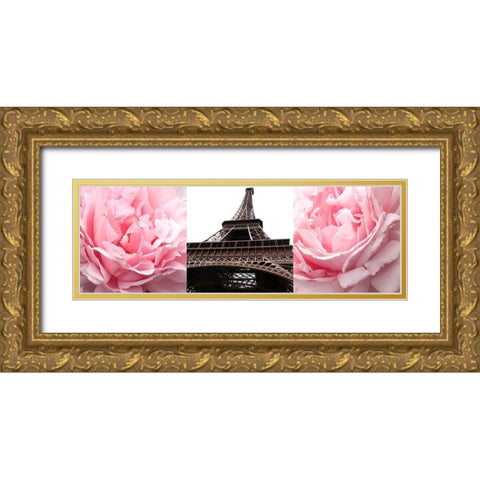 Pink Roses Eiffel Tower Gold Ornate Wood Framed Art Print with Double Matting by Navas, Emily