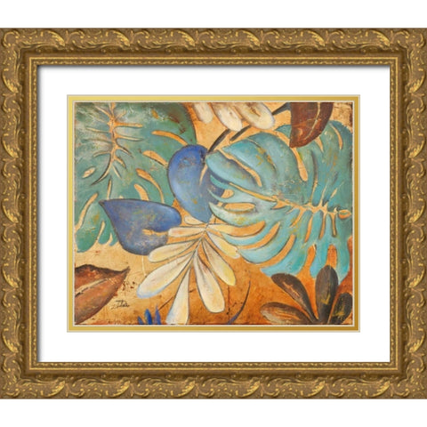 Gold and Aqua Leaves I Gold Ornate Wood Framed Art Print with Double Matting by Pinto, Patricia