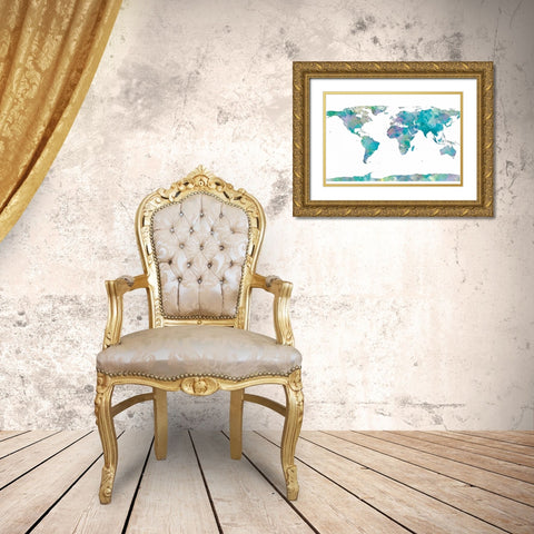 World Map Watercolor Gold Ornate Wood Framed Art Print with Double Matting by SD Graphics Studio