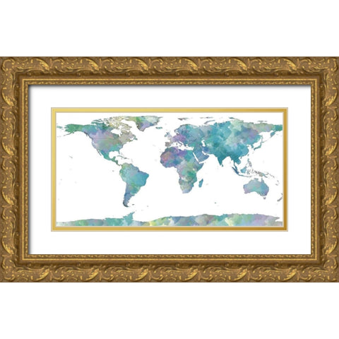 World Map Watercolor Gold Ornate Wood Framed Art Print with Double Matting by Sundance Studio