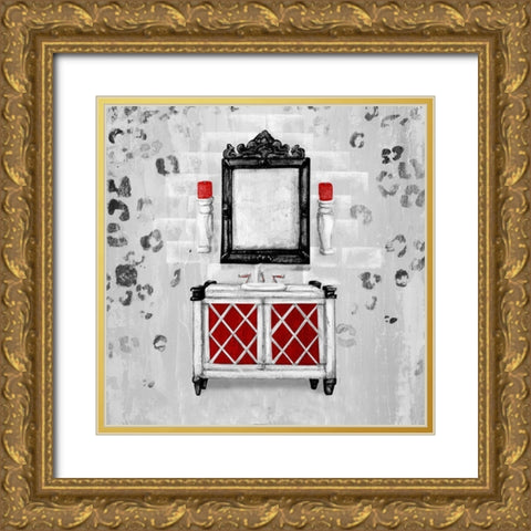 Red Antique Mirrored Bath Square I Gold Ornate Wood Framed Art Print with Double Matting by Hakimipour, Tiffany