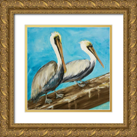 Pelicans on Post II Gold Ornate Wood Framed Art Print with Double Matting by DeRice, Julie