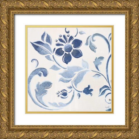 Blue Floral Shimmer II Gold Ornate Wood Framed Art Print with Double Matting by Hakimipour, Tiffany