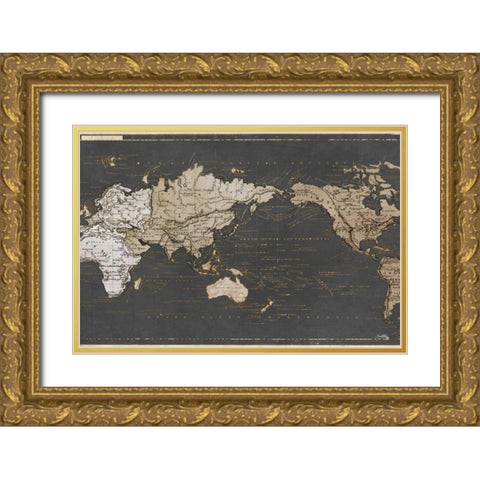 World Map in Gold and Gray Gold Ornate Wood Framed Art Print with Double Matting by Medley, Elizabeth