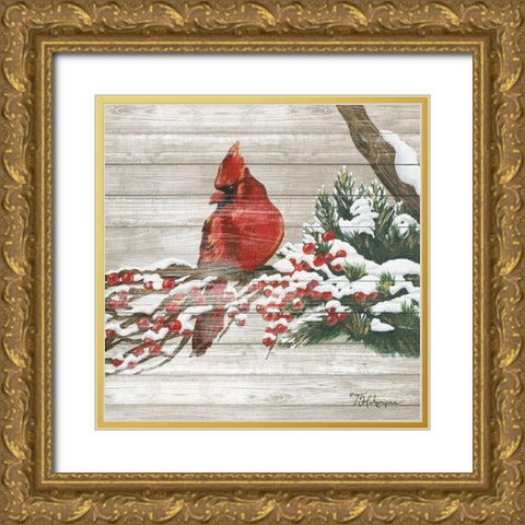 Winter Red Bird on Wood I Gold Ornate Wood Framed Art Print with Double Matting by Hakimipour, Tiffany