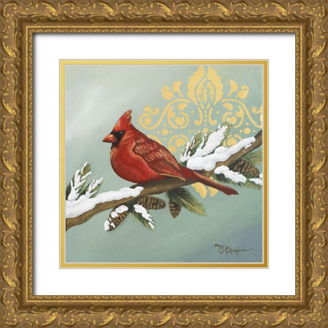 Winter Red Bird II Gold Ornate Wood Framed Art Print with Double Matting by Hakimipour, Tiffany