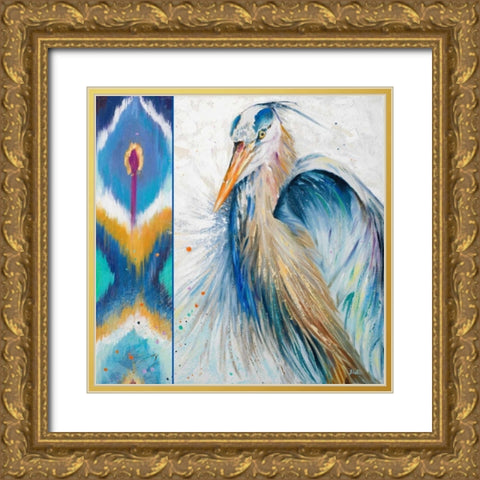 Blue Heron Ikat II Gold Ornate Wood Framed Art Print with Double Matting by Pinto, Patricia