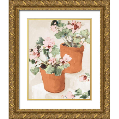 Potted Pink Geraniums Gold Ornate Wood Framed Art Print with Double Matting by Slivka, Jane