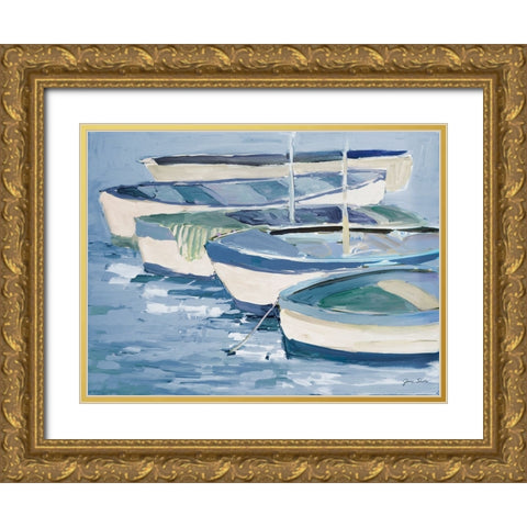 Blue Row Your Boats Gold Ornate Wood Framed Art Print with Double Matting by Slivka, Jane