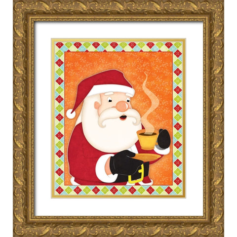 Santa with Hot Chocolate Gold Ornate Wood Framed Art Print with Double Matting by Josefina