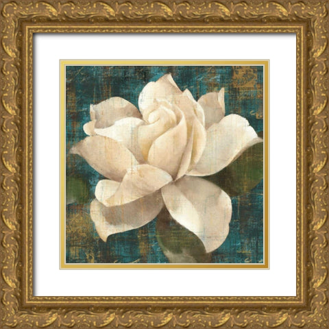 Gardenia Blossom Turquoise Gold Ornate Wood Framed Art Print with Double Matting by Hristova, Albena