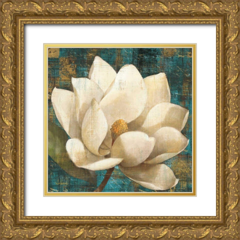 Magnolia Blossom Turquoise Gold Ornate Wood Framed Art Print with Double Matting by Hristova, Albena