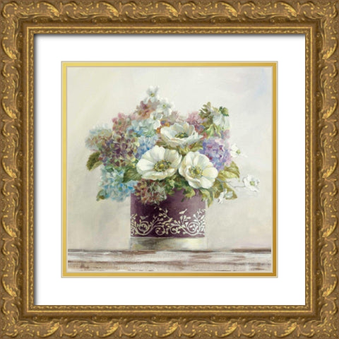 Anemones in Aubergine Hatbox Gold Ornate Wood Framed Art Print with Double Matting by Nai, Danhui