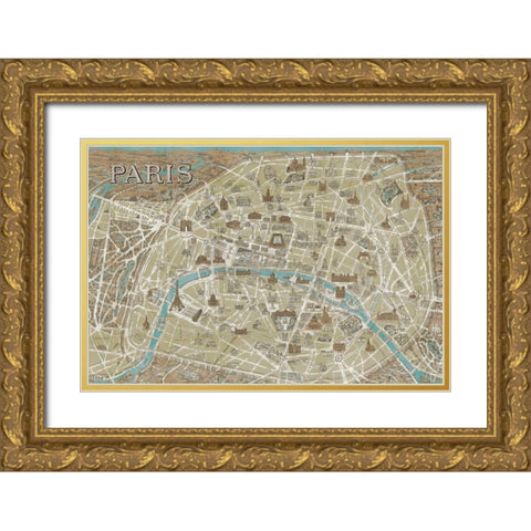 Monuments of Paris Map Blue Gold Ornate Wood Framed Art Print with Double Matting by Wild Apple Portfolio