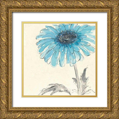 Gerbera Blue II Gold Ornate Wood Framed Art Print with Double Matting by Paschke, Chris