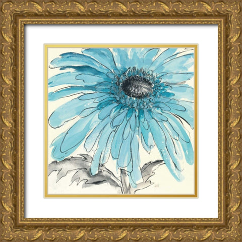 Gerbera Blue III Gold Ornate Wood Framed Art Print with Double Matting by Paschke, Chris