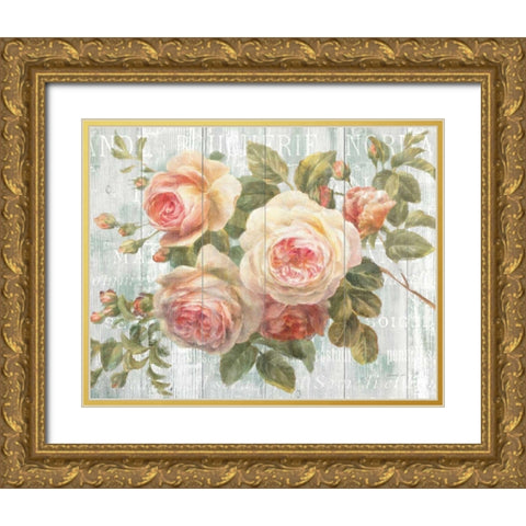 Vintage Roses on Driftwood Gold Ornate Wood Framed Art Print with Double Matting by Nai, Danhui