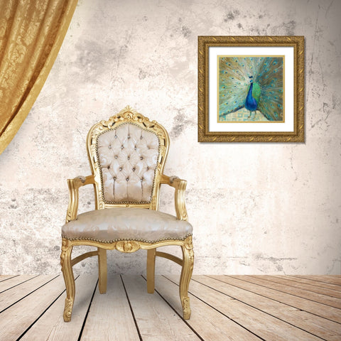 Blue Peacock on Gold Gold Ornate Wood Framed Art Print with Double Matting by Nai, Danhui