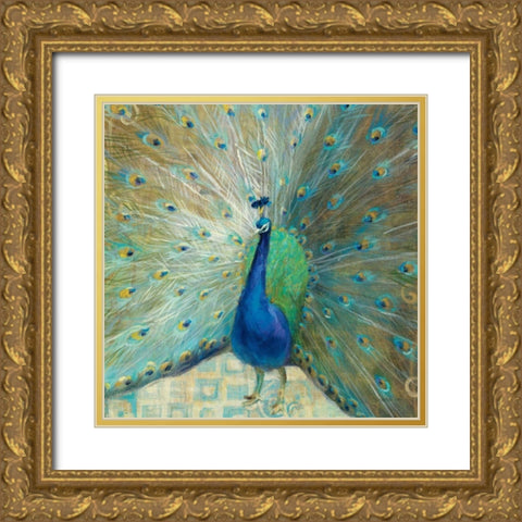 Blue Peacock on Gold Gold Ornate Wood Framed Art Print with Double Matting by Nai, Danhui