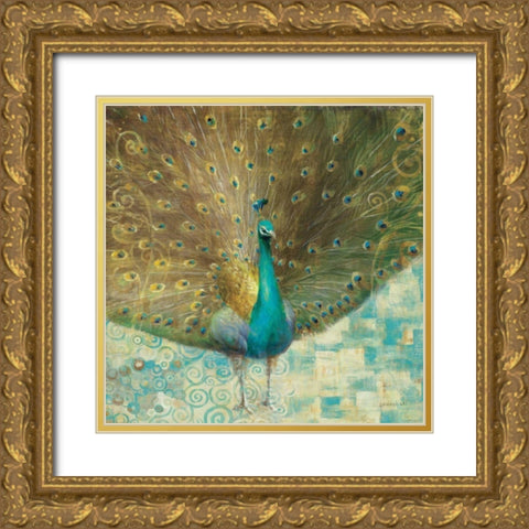 Teal Peacock on Gold Gold Ornate Wood Framed Art Print with Double Matting by Nai, Danhui