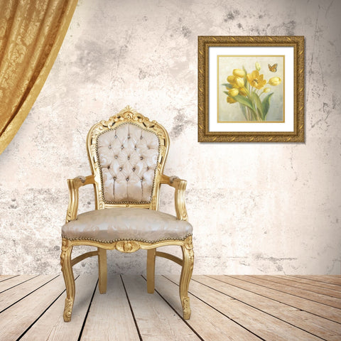 Yellow French Tulips Gold Ornate Wood Framed Art Print with Double Matting by Nai, Danhui