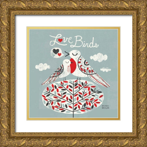 Love Birds Square Gold Ornate Wood Framed Art Print with Double Matting by Mullan, Michael