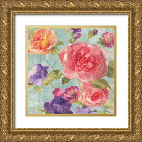 Watercolor Floral I on Grey Gold Ornate Wood Framed Art Print with Double Matting by Nai, Danhui