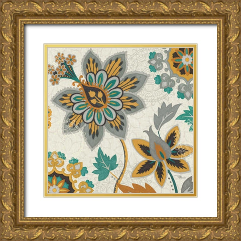 Decorative Nature III Turquoise Cream Gold Ornate Wood Framed Art Print with Double Matting by Pela Studio