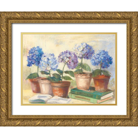 Gardeners Hydrangeas Gold Ornate Wood Framed Art Print with Double Matting by Rowan, Carol