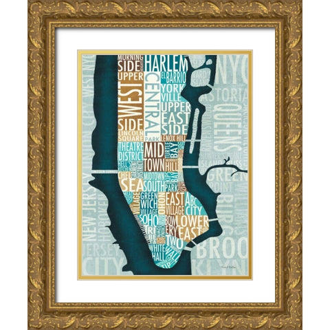 Manhattan Map Blue Brown  Gold Ornate Wood Framed Art Print with Double Matting by Mullan, Michael
