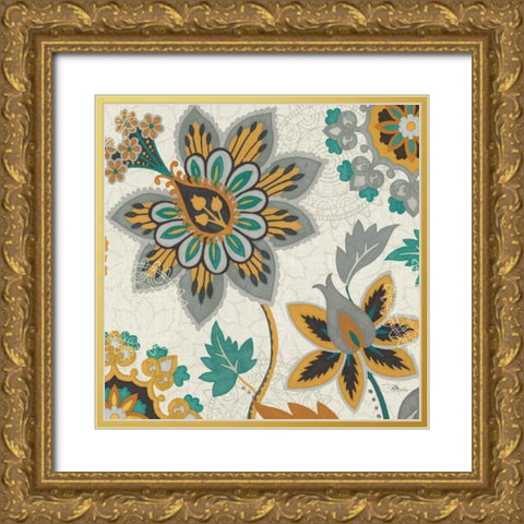 Decorative Nature III Turquoise Cream Gold Ornate Wood Framed Art Print with Double Matting by Pela Studio