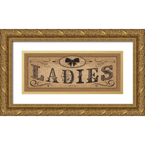 Le Restroom Burlap I Gold Ornate Wood Framed Art Print with Double Matting by Pela Studio
