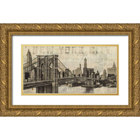 Vintage NY Brooklyn Bridge Skyline Gold Ornate Wood Framed Art Print with Double Matting by Mullan, Michael