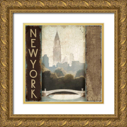 City Skyline New York Vintage Square Gold Ornate Wood Framed Art Print with Double Matting by Fabiano, Marco