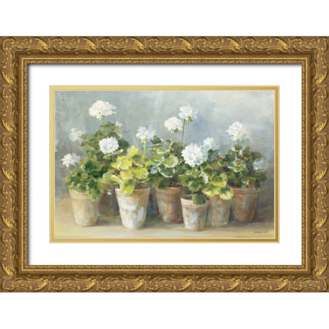 White Geraniums Gold Ornate Wood Framed Art Print with Double Matting by Nai, Danhui