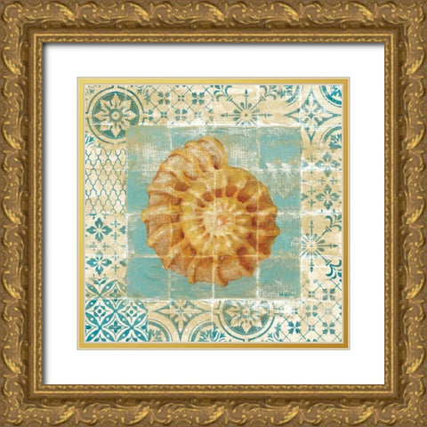 Shell Tiles I Blue Gold Ornate Wood Framed Art Print with Double Matting by Nai, Danhui