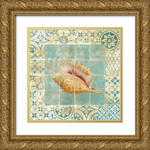 Shell Tiles II Blue Gold Ornate Wood Framed Art Print with Double Matting by Nai, Danhui