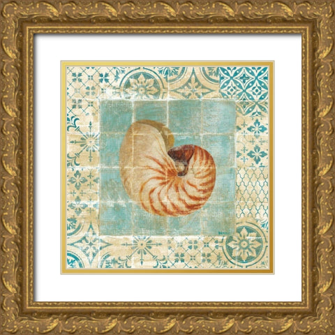 Shell Tiles III Blue Gold Ornate Wood Framed Art Print with Double Matting by Nai, Danhui