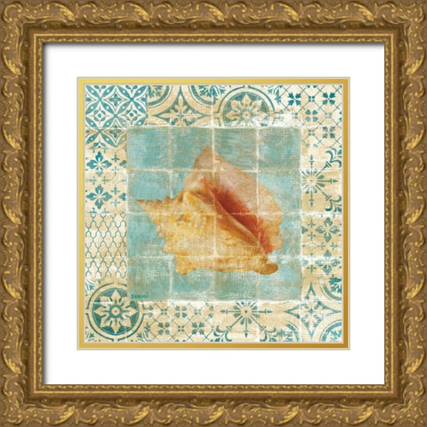 Shell Tiles IV Blue Gold Ornate Wood Framed Art Print with Double Matting by Nai, Danhui