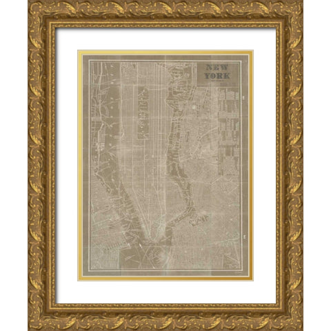 Blueprint Map New York Taupe Gold Ornate Wood Framed Art Print with Double Matting by Schlabach, Sue