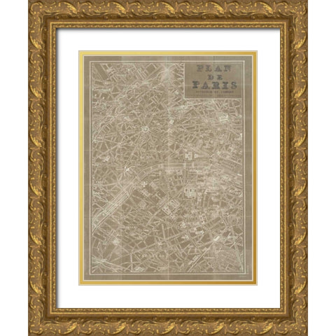 Blueprint Map Paris Taupe Gold Ornate Wood Framed Art Print with Double Matting by Schlabach, Sue