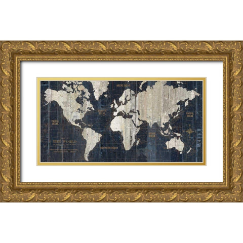 Old World Map Blue Gold Ornate Wood Framed Art Print with Double Matting by Wild Apple Portfolio