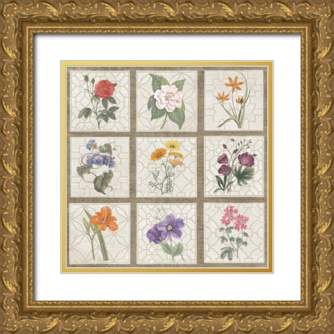 Monument Etching Tile Flowers Square I Gold Ornate Wood Framed Art Print with Double Matting by Wild Apple Portfolio