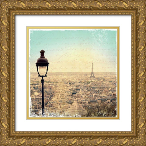 Eiffel Landscape Letter Blue I Gold Ornate Wood Framed Art Print with Double Matting by Schlabach, Sue