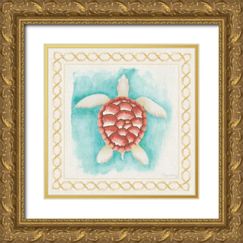 Coastal Mist Sea Turtle Gold Ornate Wood Framed Art Print with Double Matting by DeNeige, Elyse