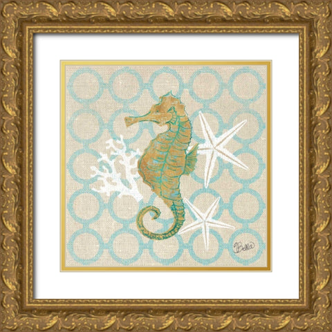 Beach Linen Seahorse Gold Ornate Wood Framed Art Print with Double Matting by Studio Bella