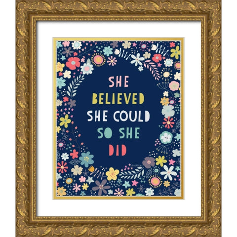 Floral Quote I Indigo Gold Ornate Wood Framed Art Print with Double Matting by McCartan, Lamai